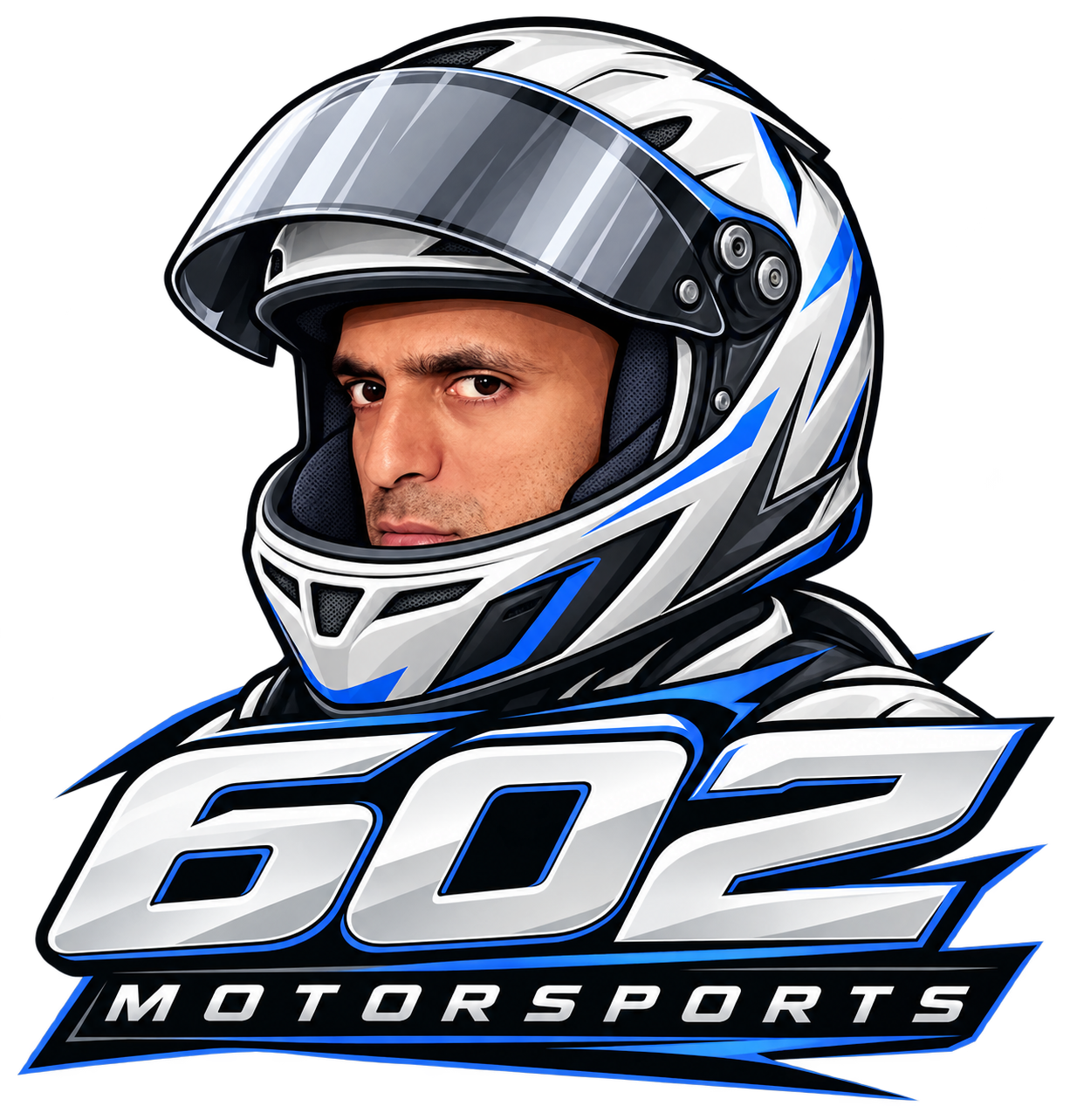 602 Motorsports logo featuring Benjamin in a silver and blue racing helmet